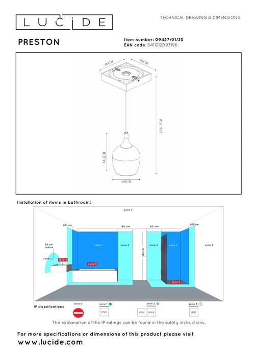 Lucide PRESTON - Pendelleuchten Badezimmer - Ø 10 cm - 1xGU10 - IP44 - Schwarz - technisch